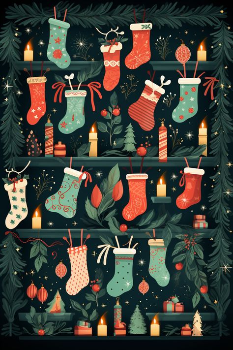 Christmas Stockings Wallpaper, Christmas Stockings Illustration, Nostalgic Christmas Aesthetic, Christmas Phone Wallpaper Vintage, Christmas Vintage Wallpaper, Christmas Illustration Wallpaper, Christmas Star Illustration, Christmas Vibes Wallpaper, Christmas Vintage Illustration