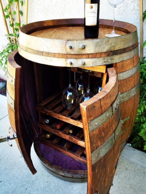 Wine Barrel Storage, Barrel Cabinet, Wine Closet, House Storage, Wine Barrel Furniture, Metal Wine Rack, Barrel Furniture, Wine Barrels, Home Storage Solutions