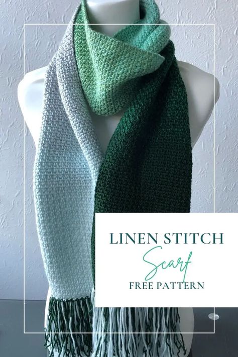 Make your own easy linen stitch scarf today with this free beginner crochet pattern Crochet Scarf Fine Yarn, Crochet Patterns Using 2 Weight Yarn, Free Crocheted Scarf Patterns, Simple Crochet Scarf Pattern Free, Crochet Scarf Pattern Free Easy One Skein, Free Crochet Scarf Patterns Easy, Crochet Scarves Free Patterns Easy, Single Crochet Scarf, One Skein Crochet Scarf