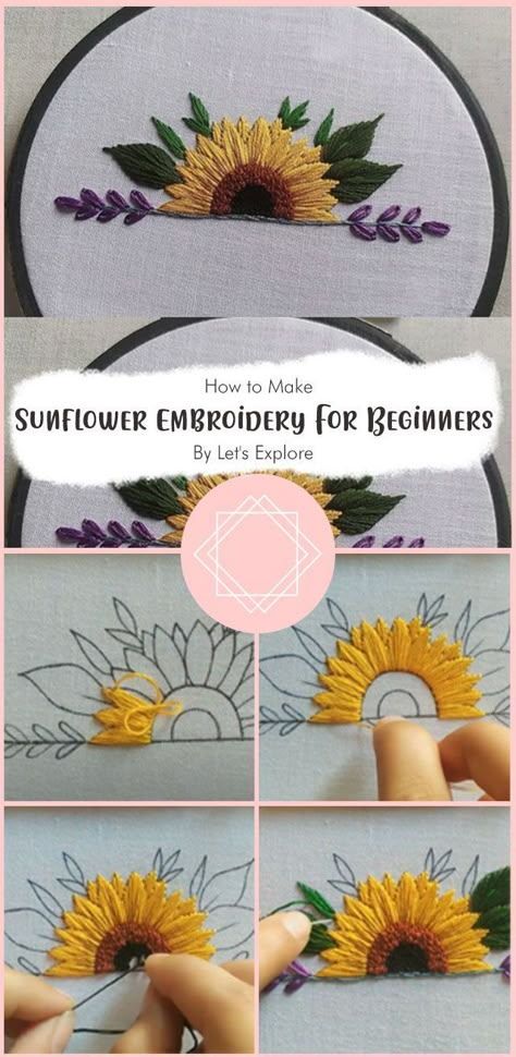 Embroidered Sunflowers Patterns, Embroidery Patterns Free Templates Stitching, Macrame Sunflower Tutorial, Hand Embroidery Projects Free Pattern, Embroider Sunflowers, Flower Embroidery Pattern Free Templates, Embroidery Sunflower Pattern, Sunflower Embroidery Tutorial, Embroidery Flowers Tutorial