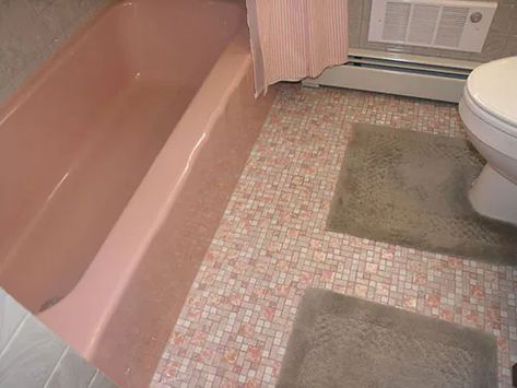 Pink Bathroom Floor, Bathroom Floor Tiles Ideas, Tub Bathroom Ideas, Historic Bathroom, Pink Tile Bathroom, Bathroom Restoration, Pink Bathtub, Retro Pink Bathroom, Pink Tub