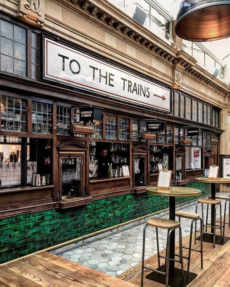 Train Cafe Design, London Train Station Aesthetic, Train Station Restaurant, Industrial Train Station, Retro Train Station, British Train Station, Vintage Train Station Aesthetic, Old Train Station Aesthetic, Vintage Train Aesthetic