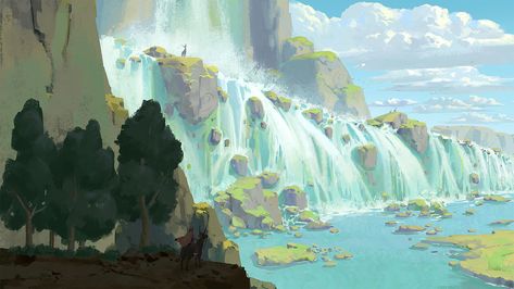 waterfall, pixel cat on ArtStation at https://www.artstation.com/artwork/1needL Anime Waterfall, Waterfall Concept Art, Fantasy Waterfall City, Waterfall Village Concept Art, Waterfall Pixel Art, Waterfall Digital Painting, Miss Marvel, Location Inspiration, Lake Art