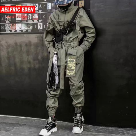 Overalls With Belt, Embroidery Jumpsuit, Techwear Men, Techwear Jacket, Techwear Streetwear, Baggy Jeans Outfit, Jeans Outfit Men, Techwear Fashion, Urban Hip Hop