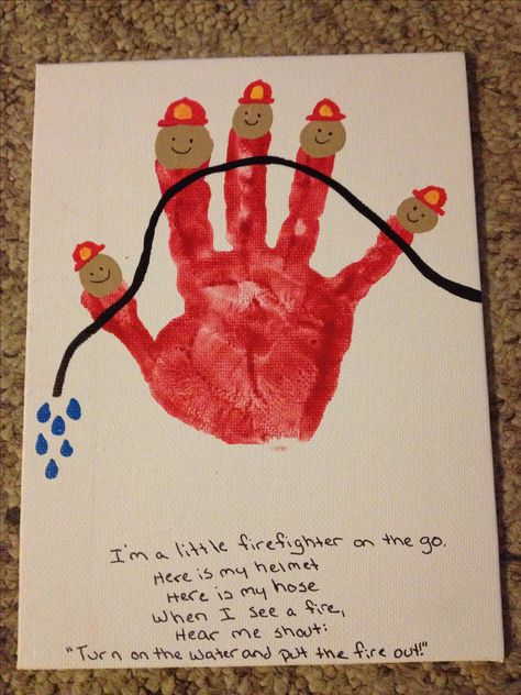 Firefighter handprint for Daddy. Community Helpers Daycare Crafts, Community Themed Art Projects, Fire Safety Week Crafts For Infants, Community Helpers Preschool Crafts Firefighters, Community Heroes Crafts, Fire And Police Activities Preschool, Fire Safty Craft For Babies, First Responder Crafts Preschool, Fire Safety Infant Crafts