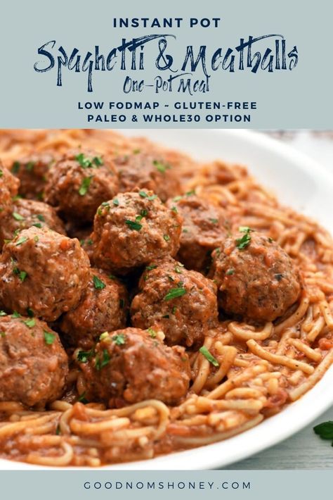 Spaghetti Sauce And Meatballs, Instant Pot Spaghetti And Meatballs, Sauce And Meatballs, Brown Rice Noodles, Instant Pot Spaghetti, Gluten Free Meatballs, Low Fodmap Diet Recipes, Fodmap Diet Recipes, Homemade Spaghetti Sauce