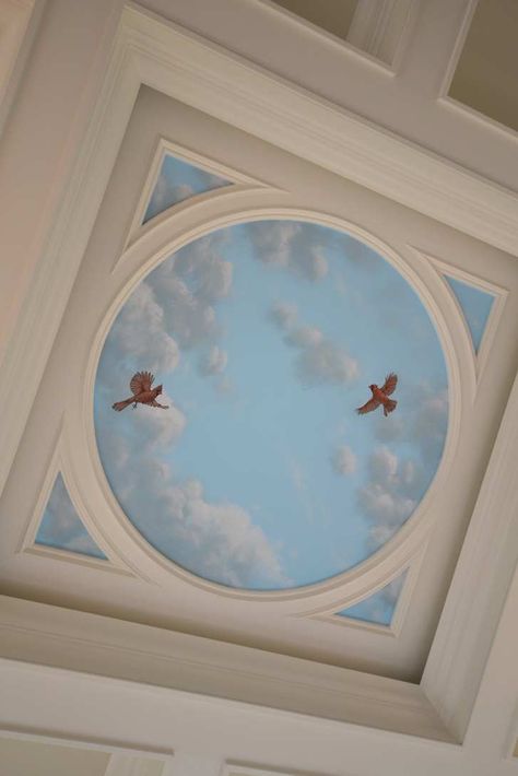 Sky Ceiling with Cardinals Mural - Mural Art Cathedral Ceiling Painting, Andalusia House, Angel Baby Painting, Sky Ceiling Mural, Blue Sky Ceiling, Decorated Ceiling, Ceiling Paintings, Dome Art, Dome Room