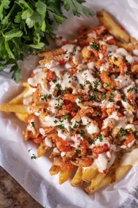 Loaded Crab Fries, Lobster Fries Recipe, Crawfish Fries, Queso Cheese Sauce, Coop Can Cook, Queso Sauce, Frozen Fries, Crab Fries, Crawfish Recipes