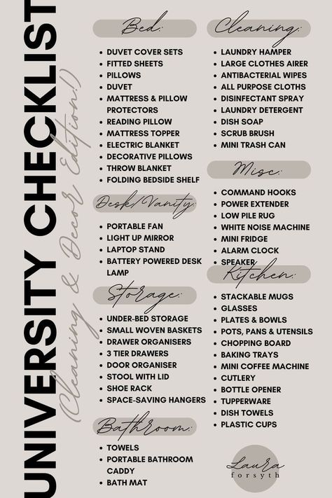 First Year University Packing List, University Checklist Uk, College Prep Checklist, University Must Haves, Uni Must Haves, Uni Room Ideas Uk Halls, University Room Ideas Uk, Dorm Essentials List, University Dorm Room Decor