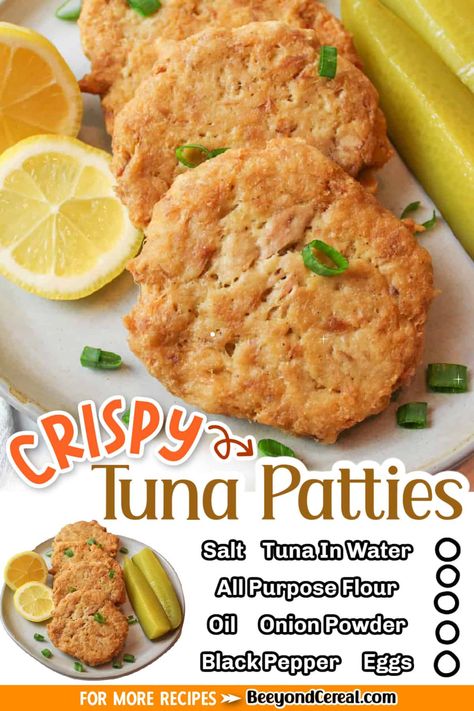 Have canned tuna and don't know what to do with it? Try this tasty and crispy fried tuna patties. They're a comfort meal like no other. With crisp golden outer shell around a tender tuna filling, they're great as a side dish for mac and cheese (that's how we always eat them). But they're also great on their own. These crispy fried tuna patties have been a huge hit in my family my entire life. I bring you these easy tuna patties that are not only easy to make but wonderfully frugal. Sauce For Tuna Patties, Canned Tuna Recipes No Mayo, Tuna Burger Recipes, Canned Tuna Patties, Fried Tuna Patties, Baked Tuna Patties, Recipes With Tuna, Noom Healthy Meals, Tuna Burger Recipe