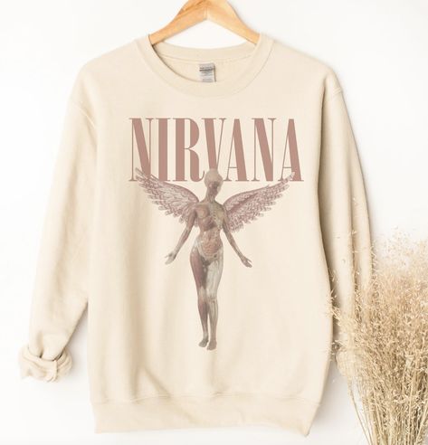 Retro Nirvana inspired Sweatshirt Band Sweatshirt in Tan Grey Boho Bedroom, Yellow Boho Bedroom, Nirvana Sweater, Nirvana Merch, Grey Bedrooms, Nirvana Hoodie, Nirvana Sweatshirt, Grey Boho, Haute Mess