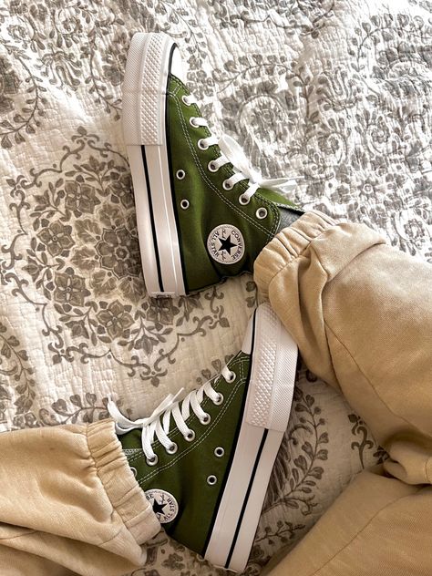 Platform Converse Aesthetic, Green Converse Aesthetic, Green Platform Converse, Sage Green Converse, Cute Converse Shoes, Dark Sage Green, Converse Aesthetic, Platform Chucks, Cute Converse