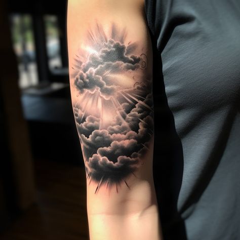 Realistic Storm Tattoo, Clouds Half Sleeve Tattoo, Lion In Clouds Tattoo, Traditional Rain Cloud Tattoo, Cloud And Sun Ray Tattoo, Cloud With Birds Tattoo, Star With Clouds Tattoo, Cloud Sleeve Tattoos For Women, Sunshine Clouds Tattoo