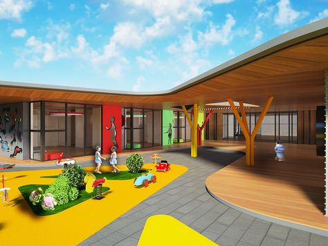 Preschool Architecture Design, Kindergarten Exterior Design, Daycare Architecture, Kindergarten Building, Child Care Center Design, Architectural Trees, Lodge Design, School Building Design, Preschool Decor