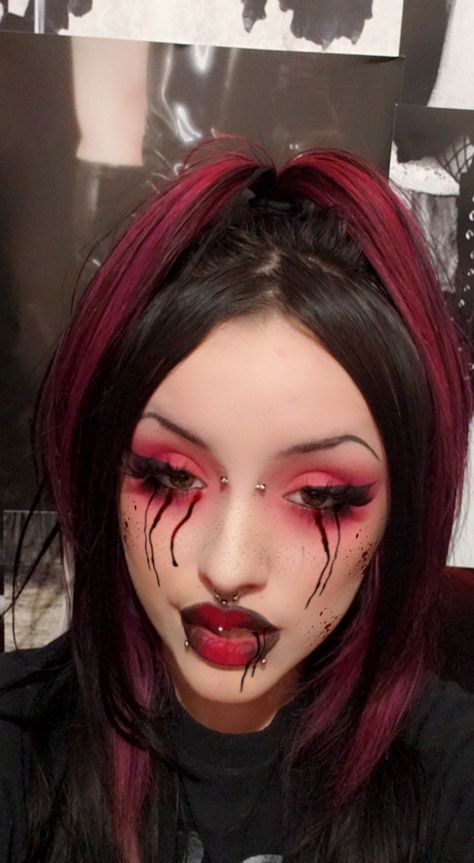 blood gothic makeup metalheadgirl Easy Gory Halloween Makeup, Blood Drip Makeup Look, Halloween Makeup Looks Blood, Evil Makeup Looks, Blood Splatter Makeup, Possessed Makeup, Blood Makeup Look, Red And Black Eye Makeup, Gory Halloween Makeup