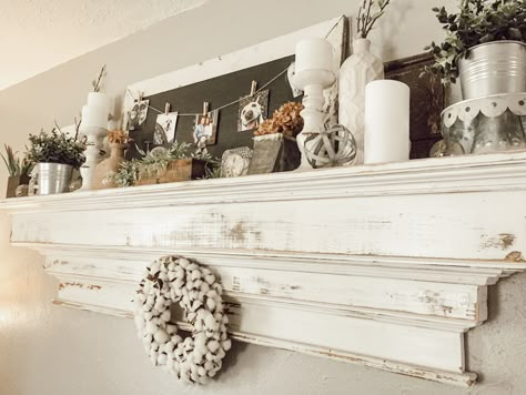 Wall Mantle Shelf, Farmhouse Bedroom Wall Shelves, Mantle Shelves, Mantel Above Couch, Vintage Fireplace Mantle Farmhouse, Farmhouse Wall Shelf, Mantel Decorating Ideas With Mirror Farmhouse, Mantle Over Couch, Shelf Mantle