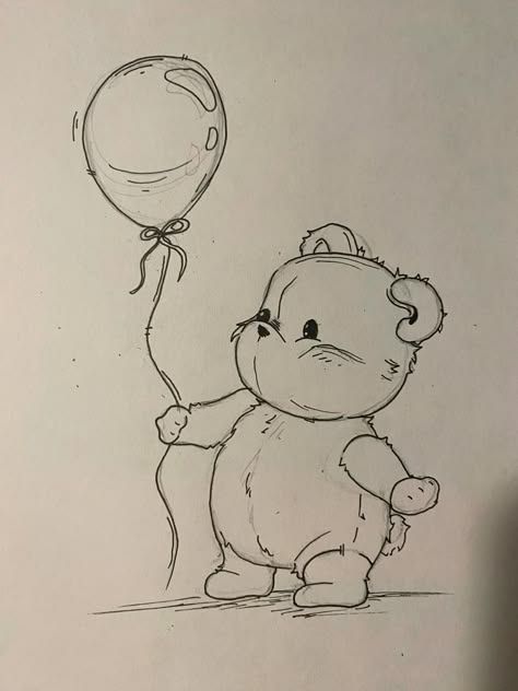 Teddy Bear Sketch Drawings, Drawing Of A Teddy Bear, Cute Meaningful Drawings, Teddy Drawing Easy, Bear Holding Balloons Drawing, My Tiny Illustrations, Cute Drawings Bear, How To Draw Teddy Bear, Big Drawings Ideas Sketch