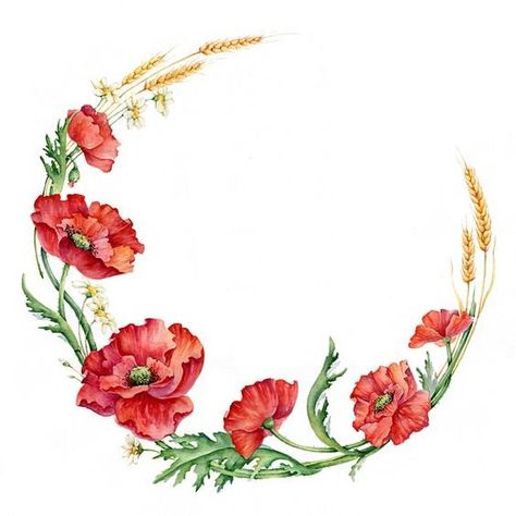 Wreath Tattoo, Poppy Wreath, Scrabble Art, Frida Art, Wreath Drawing, Floral Border Design, Wreath Watercolor, Flower Border, Floral Border