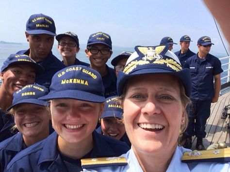 Rear Adm. Linda Fagan, commander of the First Coast Guard District, visits U.S. Coast Guard Academy cadets aboard Coast Guard Cutter Eagle. Coast Guard Boot Camp, Coast Gaurd, Coast Guard Auxiliary, Coast Guard Mom, Coast Guard Academy, Coast Guard Boats, Coast Guard Ships, Indian Coast Guard, Powerful Photos