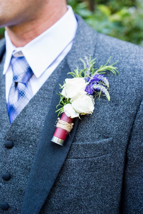 Shotgun Shell Boutineer, Shotgun Shell Boutonniere Diy, Ideal Appearance, Shell Boutonniere, Shotgun Wedding, Camo Wedding, Shotgun Shell, Groom Groomsmen, Cute Wedding Ideas