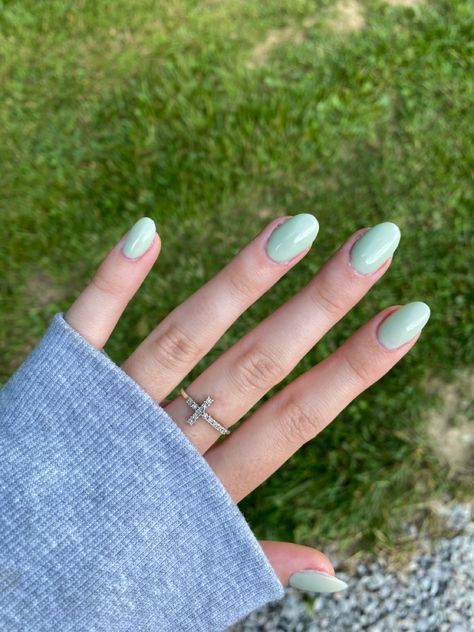 Short Plain Acrylic Nails Simple Colour, Short Oval Green Nails, Sage Green Nails Short Almond, Almond Nails Light Green, Sage Green Oval Nails, Short Almond Acrylic Nails Sage Green, Light Green Oval Nails, Light Green Nails, Mint Nail Polish