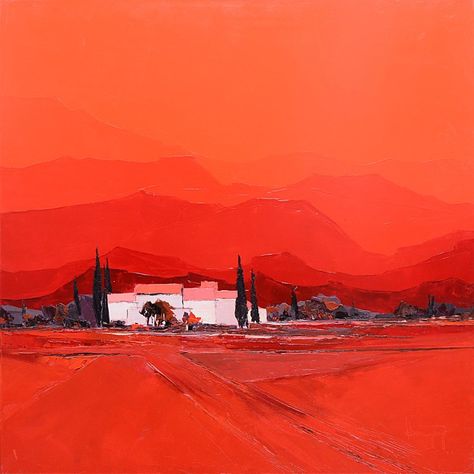 Marcel Demagny, "Summer Heat" ("Chaleur d'été"), Red Lanscape Squared Oil Painting, 2016 Red Landscape, Red Artwork, Interior Murals, Abstract Painting Techniques, Contemporary Landscape Painting, Impressionist Landscape, Oil Painting Reproductions, Painting Reproductions, Modern Landscaping