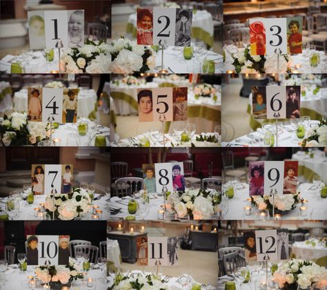 Use pictures of the bride and groom at ages corresponding with the table numbers. Wedding Table Numbers With Pictures, Table Numbers With Pictures, Numbers With Pictures, Photo Table Numbers, Wedding Guest Table, Picture Table, Wedding Centrepiece, Decorating Wedding, Deco Champetre