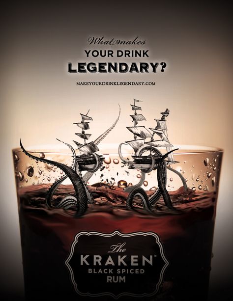 Kracken Rum, Beer Branding Design, Kraken Rum, Classic Life, The Kraken, Spiced Rum, Creative Ads, Creative Advertising, Advertising Photography