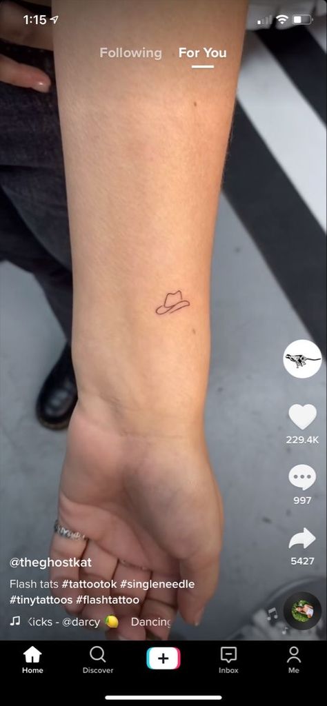 Minimalist Country Tattoo Ideas, Single Line Cowboy Boot Tattoo, Tiny Longhorn Tattoo, Mini Cowboy Hat Tattoo, Tiny Cowboy Hat Tattoo, Yee Haw Tattoo, Small Cowboy Hat Tattoo, Sombrero Tattoo, Yeehaw Tattoo