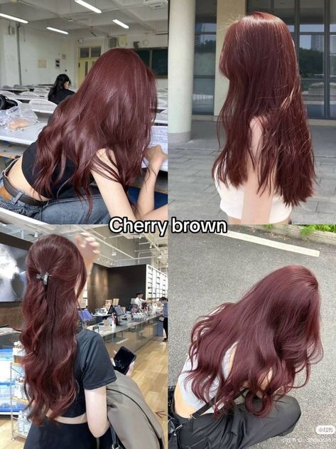 Easy To Style Long Haircuts, Best Hair Color For Dark Hair, Red Wine Color Hair, Cherry Brown With Highlights, Long Hair Dye Ideas Brown, Cherry Soda Hair, Hair For Pale Skin Green Eyes, Short Golden Brown Hair, Trending Hair Colors 2024