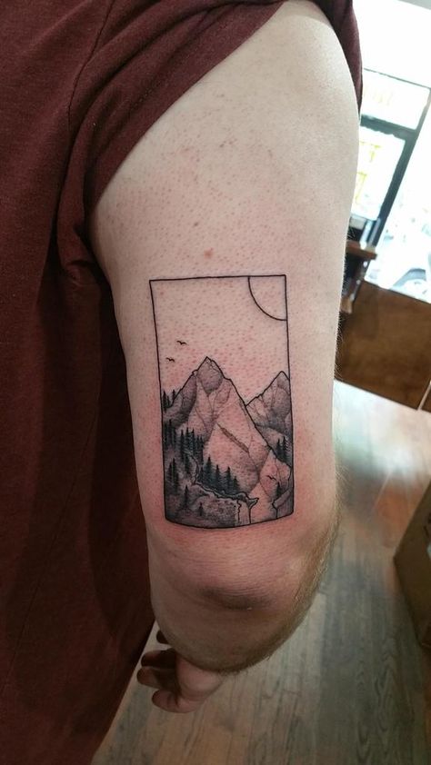 First tattoo. Mountain View. Richard Smith/ Three Kings Tattoo/ East Village NYC #Tattoos https://t.co/4Bg9elwzbr Please Re-Pin It! The View Between Villages Tattoo, Village Tattoo, Hometown Tattoo, Three Kings Tattoo, Kings Tattoo, Tattoo Mountain, East Village Nyc, Curly Fringe, Landscape Tattoo