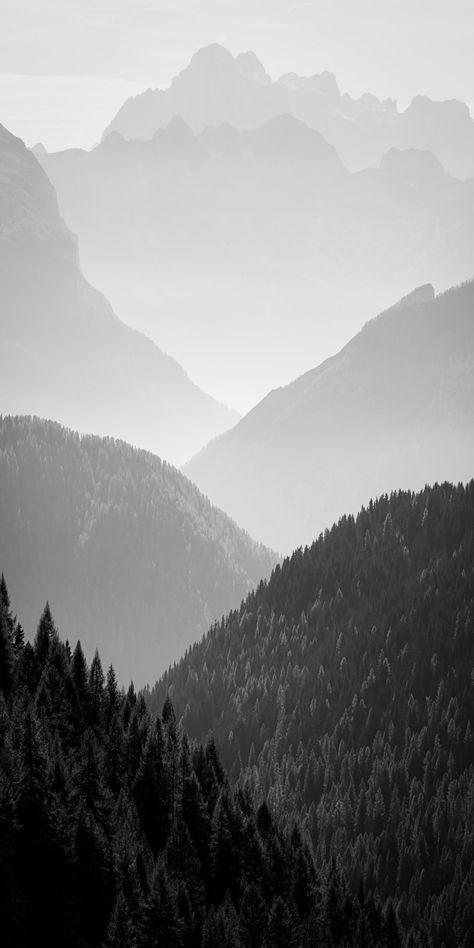 Black & White Photograph - In the eyes of artist John Scanlan, this line of misty mountain peaks appeared like ocean waves, ceaselessly ebbing and flowing in time with the tides. Bring this unique perspective to your home with this striking achromatic photograph, which ships unframed in a protective tube. Misty Mountains Aesthetic, Black And White Background Landscape, Cool Black And White Wallpapers, Black And White Art Wallpaper, Black N White Wallpaper, White And Black Wallpaper, Mountain Black And White, Black And White Mountains, Wallpapers Black And White