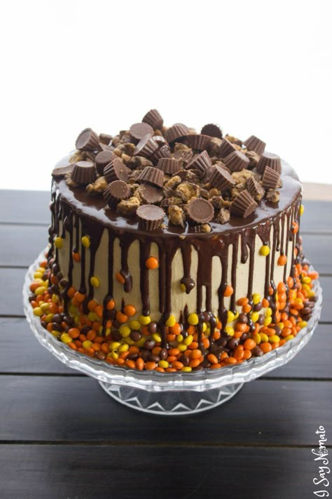 Chocolate and Peanut Butter Drip Cake | I Say Nomato Peanut Butter Drip Cake, Peanut Butter Birthday Cake, Drip Cake Recipes, Reeses Cake, Chocolate Peanut Butter Cake, Peanut Butter Cake, Chocolate And Peanut Butter, Birthday Cake Chocolate, Candy Cakes