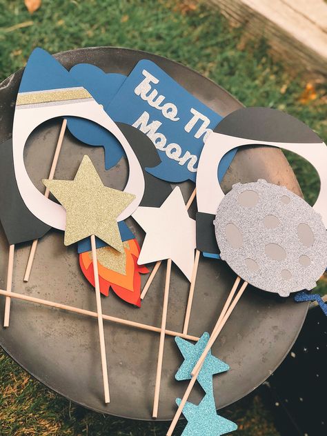 Two the Moon photo booth props Space Photo Booth Props, Solar Eclipse Photo Booth, Space Photo Backdrop, Space Themed Photo Booth, Two The Moon Decorations, Two The Moon Birthday Party Boy, Space Photo Booth, Two The Moon And Back, Moon Photo Booth