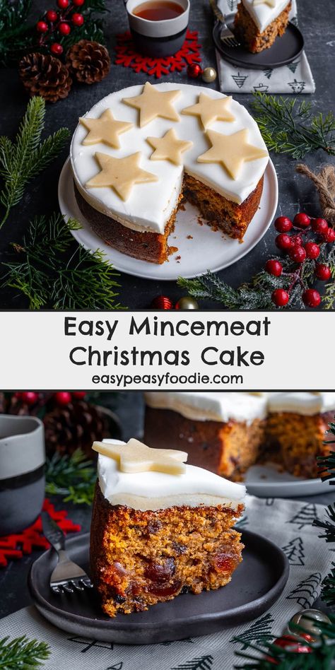 Want a great shortcut to making a quick and easy Christmas cake? Use a jar of mincemeat! #christmascake #mincemeatchristmascake #mincemeat #easychristmascake #simplechristmascake #quickchristmascake #easychristmascakedecoration #christmascakehack #christmascakecheat #cheatschristmascake #christmasbaking #easychristmasbaking #easychristmasrecipe #easychristmasrecipes #christmasbaking #makeahead #vegetarian #easyentertaining #easybaking #easyrecipes #bakingwithkids #easypeasyfoodie Mincemeat Christmas Cake, Small Christmas Cake Recipe, Mincemeat Cake Recipe, Mincemeat Cake, Best Christmas Cake, Easy Christmas Cake, Apple Cake Recipe Easy, Boiled Fruit Cake, Christmas Baking Easy