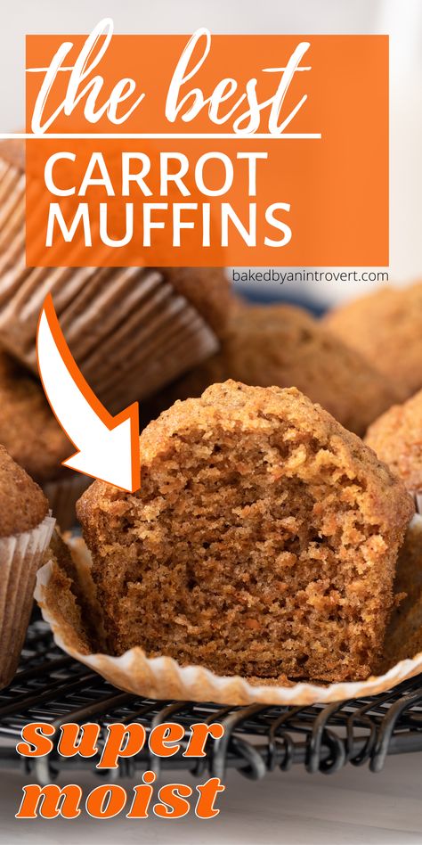 These carrot muffins are loaded with bits of carrots and cozy spices. They are super moist and perfect for breakfast or an afternoon snack. Moist Carrot Muffins Recipe, Spiced Carrot Muffins, Carrot Muffins With Applesauce, Carrot Baked Goods, Carrot Muffin Recipes Moist, Jumbo Carrot Muffins, Simple Carrot Muffins, Buttermilk Carrot Muffins, Carrot Nut Muffins