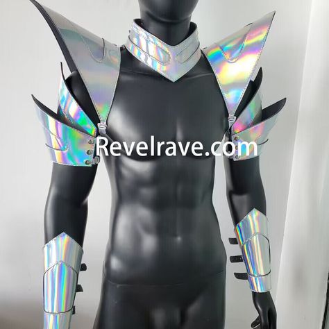 Stand out at your next festival with this handmade Burning Man Holographic Laser Silver Armor! 🔥✨ Perfect for shows, parties, and raves. Made from PU leather in China. #BurningMan #RaveOutfit #FestivalFashion #Handmade #Holographic  #eBay #eBayStore #BurningMan #Silver #Armor #Metal #PULeather #Holographic #Handmade #China Space Costumes Men, Cool Mens Halloween Costumes, Scifi Outfit Male, Mens Alien Costume, Galactic Costume, Lightning Bolt Costume, Raver Fashion, Futuristic Outfit Men, Alien Rave Outfit