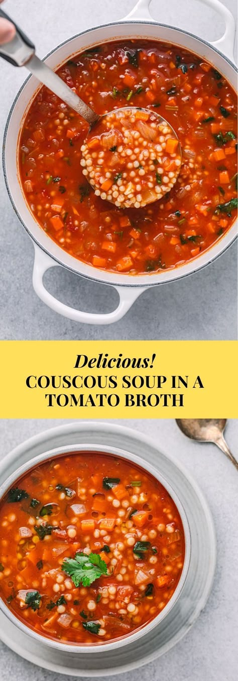 Soup Couscous, Couscous Tomato, Couscous Soup, Broth Soup, Bisque Soup, Tomato Broth, Couscous Recipes, Instant Pot Soup Recipes, Healthy Herbs