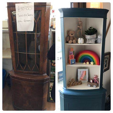 Upcycle of an old corner unit found in a garden centre. Annie Sloane paint is a dream to use! Upcycled Corner Unit, Corner Cabinet Upcycle, Corner Unit Upcycle, Gin Cupboard, Corner Unit Living Room, Corner Cabinet Dining Room, Cabinet Upcycle, Corner Dresser, Gin Cabinet