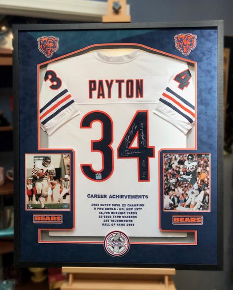 Walter Payton Signed and Inscripted Jersey Framed by Jacquez Art & Jersey Framing Signed Jersey Display, Framed Football Jersey, Frame Jersey Ideas, Steel Deck Framing, Football Jersey Frame, Sports Bedroom, Football Artwork, Nerd Cave, Deck Framing