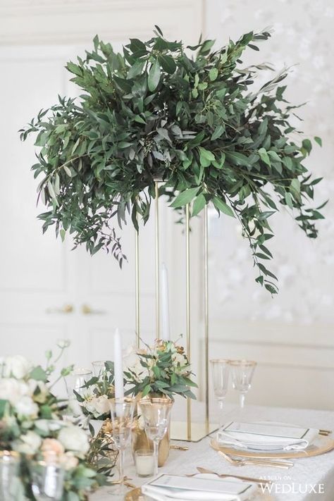 Ideas on how to use gold floral stands in your wedding and event styling. Spring Wedding Centerpieces, Eucalyptus Centerpiece, Greenery Wedding Centerpieces, Greenery Wedding Decor, Greenery Centerpiece, Greenery Decor, Foliage Wedding, Unique Wedding Flowers, Tall Centerpieces