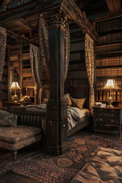 18 Dark Academia Bedroom Ideas You Will Love! (Concept Designs) - My Decor Inspo Dark Chic Interior Design, Dark Academia Room Ideas Bedrooms, Dark Academia Bedroom Aesthetic, Academia Bedroom Ideas, Dark Academia Aesthetic Bedroom, Dark Academia House, Moody House, Dark Academia Bedroom Ideas, Dark Academia Room Ideas