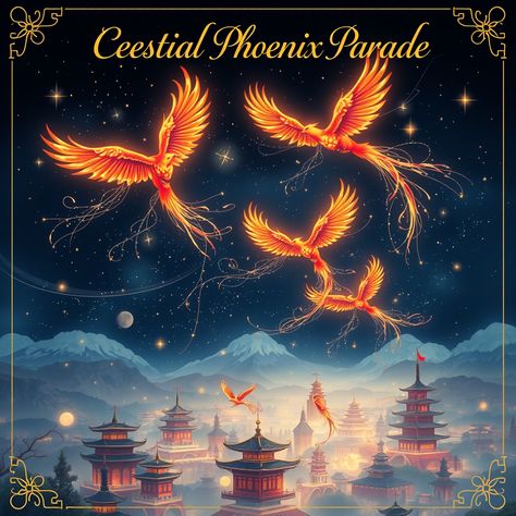 Celestial Phoenix Parade  #CelestialParade #Phoenixes #MagicNight #art #poster Phoenix Poster, Art Poster, Phoenix, Design, Art