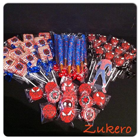 Spiderman Party Treats Spiderman Treat Table, Spider Man Party Treats, Spider Man Treat Table, Spiderman Pretzel Rods, Spidey Birthday Treats, Spiderman Rice Crispy Treats, Spider Man Dessert Table, Spiderman Birthday Treats, Spidey And His Amazing Friends Birthday Decorations Ideas