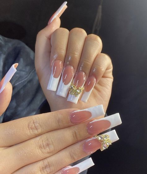 French Nails With Gems, Nails With Gems, Nyc Nails, Diy Acrylic Nails, Glamour Nails, Beige Nails, Colored Acrylic Nails, Long Square Acrylic Nails, Gem Nails