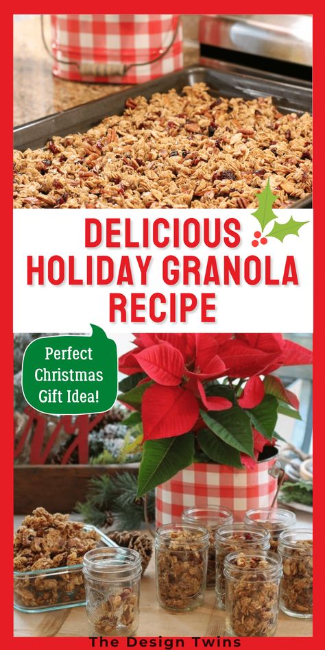 Learn how to make delicious holiday granola this season with The Design Twins. Make the best granola you’ve ever tasted and create homemade treats to give this Christmas & all year long! Handmade gifts are always special. Make the best granola you've ever tasted and create homemade treats to give this Christmas & all year long! Handmade gifts are always special. Holiday Granola Recipe, Holiday Granola, Christmas Granola, Granola Gift, Diy Granola, Christmas All Year, Cranberry Bliss Bars, Best Granola, Homemade Gift Baskets