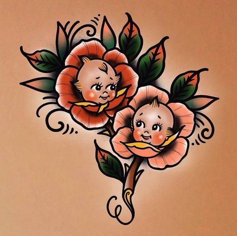 Kewpie Flower Tattoo, American Traditional Son Tattoo, American Traditional Mother Tattoo, American Traditional Baby Tattoo, Traditional Kewpie Tattoo, Cupie Doll Tattoo, Kewpie Baby Tattoo, Kewpie Tattoo Traditional, Kewpie Doll Tattoo