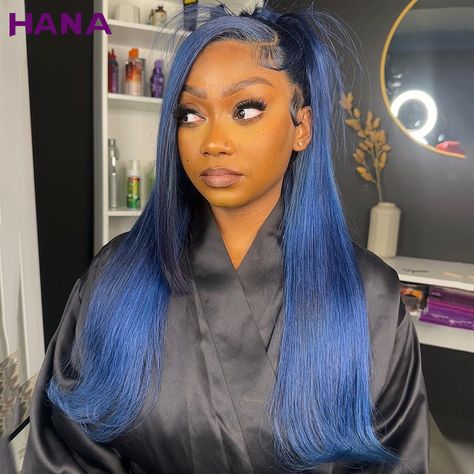 Starry Dark Blue Colored Straigt/Body Wave 13x6 Lace Frontal Wigs Remy Human Hair Wig For Black 5x5 Lace Closure Wig, Straight Human Hair Wigs, Sleek Ponytail Hairstyles, Wig Straight, Dyed Hair Inspiration, Side Hairstyles, Remy Human Hair Wigs, Frontal Hairstyles, Dope Hairstyles