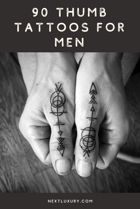 For a minuscule encapsulation of gargantuan style, guys are getting thumb tattoos by the dozens. These tantalizing creations are boldly pushing body art into the 21st century.Thumb tattoos are the new frontier for ink, and their titillating might is tied to their discreet decadence. #nextluxury #tattooideas #tattoodesigns Men Finger Tattoos, Thumb Tattoo, Small Dope Tattoos, Herren Hand Tattoos, Small Arrow Tattoos, Thumb Tattoos, Meaning Tattoos, Guys Tattoos, Finger Tats