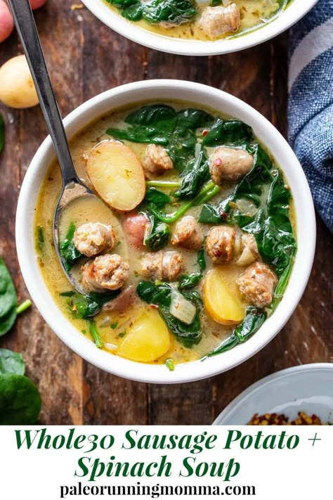 This savory and hearty Sausage Potato Soup with Spinach is a quick and easy comforting meal made in one pot that’s packed with flavor and nutrients. It’s Paleo, dairy-free, gluten-free, Whole30 compliant and perfect for healthy weeknight dinners. #AD #jonesdairyfarm #cleaneating #paleo #whole30 Whole30 Soups, Whole30 Sausage, Bbq Chicken Bites, Noodles Dinner, Broth Bowls, February Recipes, Gf Soups, Soup With Spinach, Sausage Potato Soup